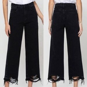VERVET Black Denim Super High Rise Wide Leg Distressed Ankle Olivia Jeans NEW